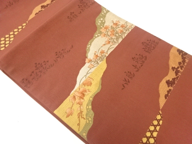 道長取りに桔梗・樹木模様織出し袋帯